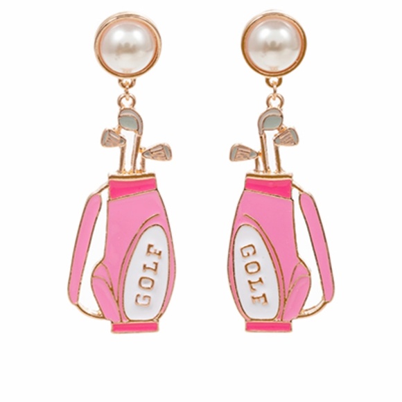 Pearl Stud Golf Bag Enamel Earrings - Picture 1 of 7